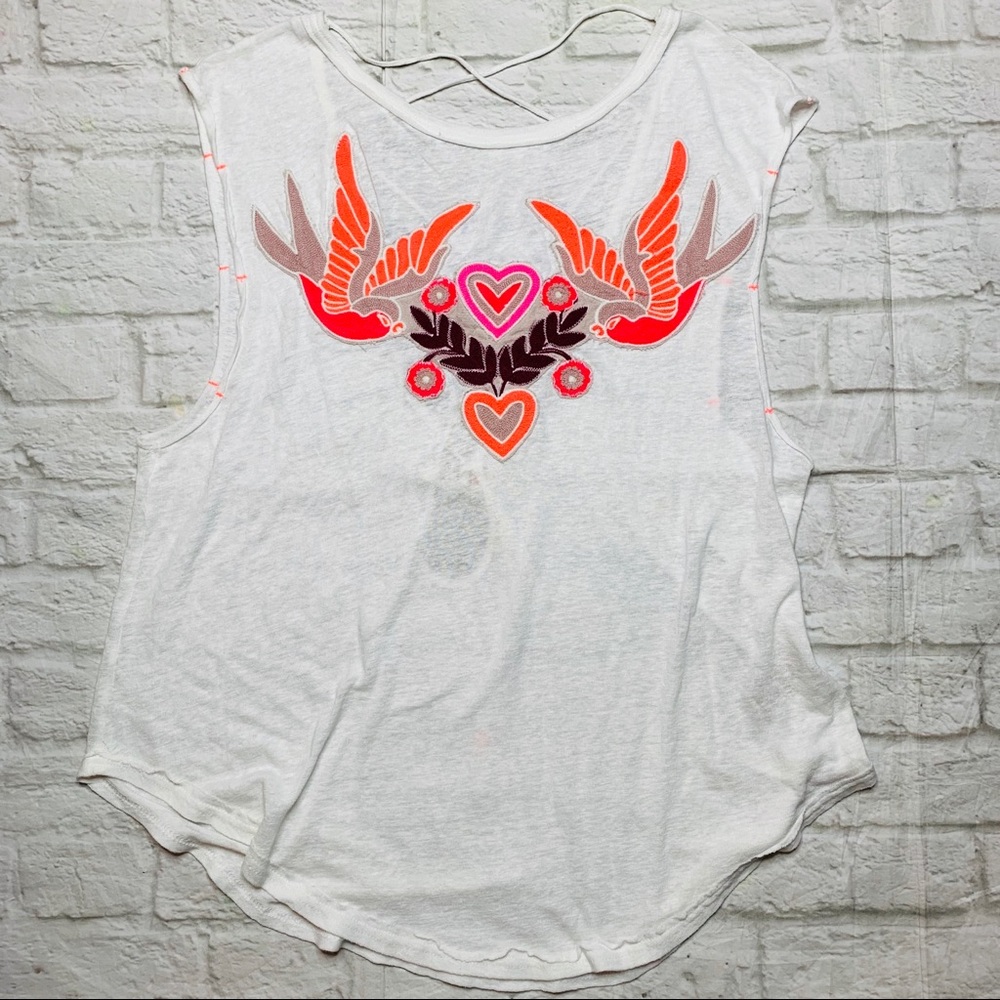 Free People White Tank Top with Colorful Bird Design